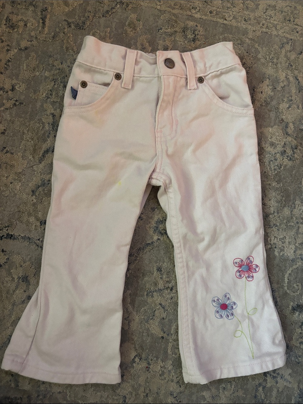 Girls' Light Pink Floral Embroidered Cotton Jeans Pants